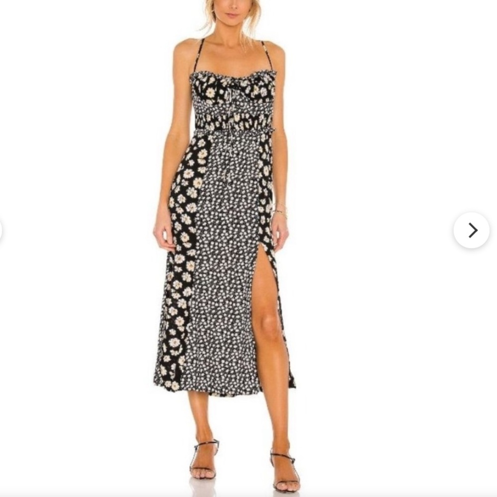 Free People Black Smocked Floral Sundress with Cream/Yellow Accents size XSmall